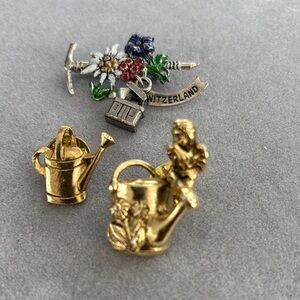 Vintage Gold and Silver‎ Brooch Trio with Floral and Watering Can Motifs